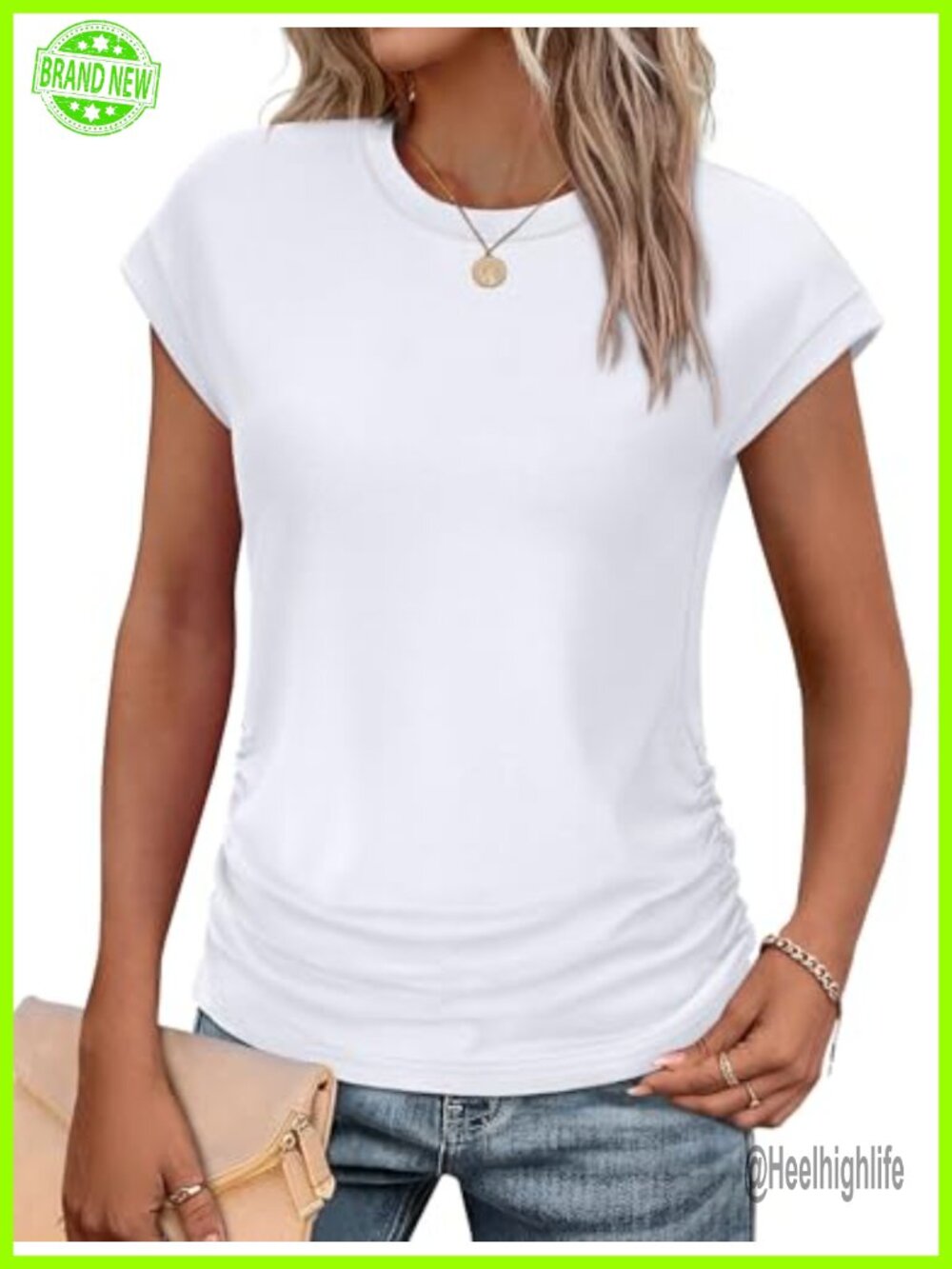 Ruched Cap Short Sleeve Crew Neck Summer T-Shirt Casual Blouse